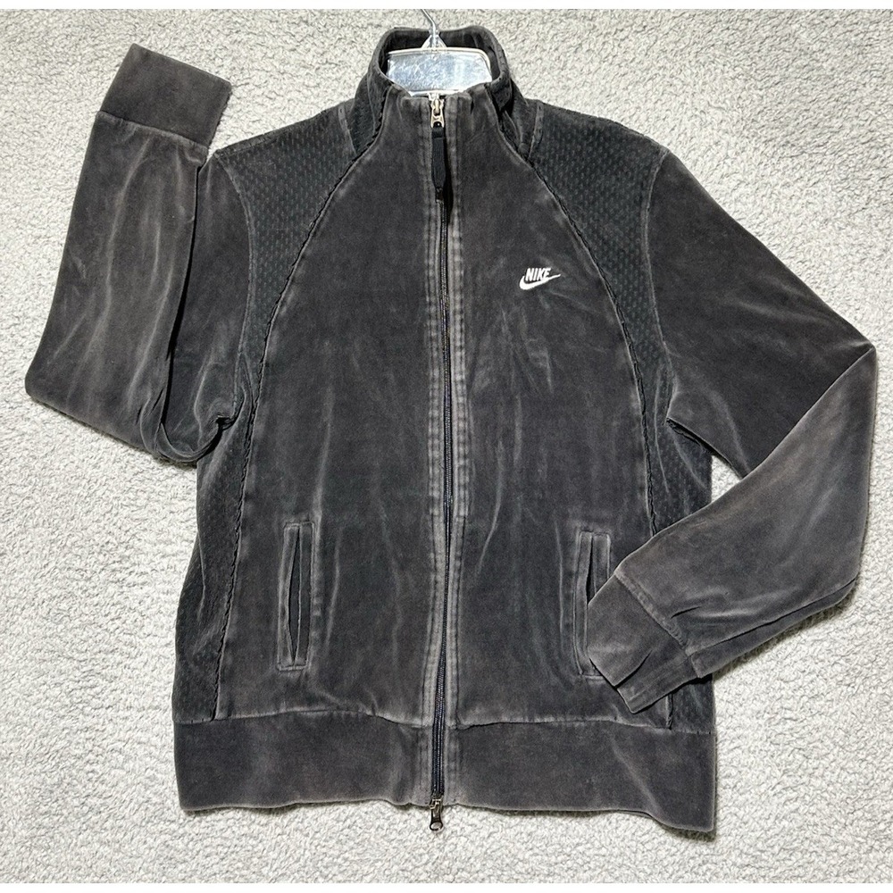 VTG Nike Jacket Womens M Gray Velour Swoosh Zip Track Sweatshirt Athletic Y2K